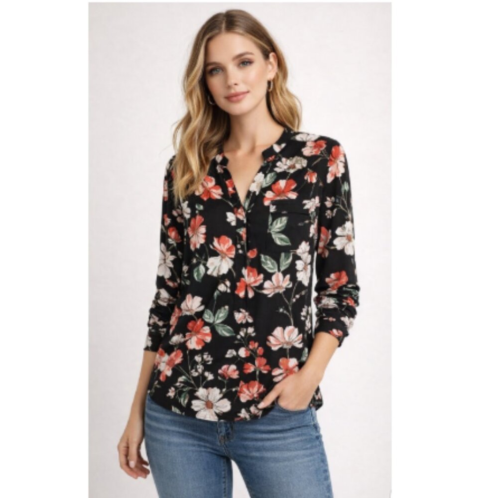 Express Black Floral Long Sleeve Blouse with Mandarin Collar